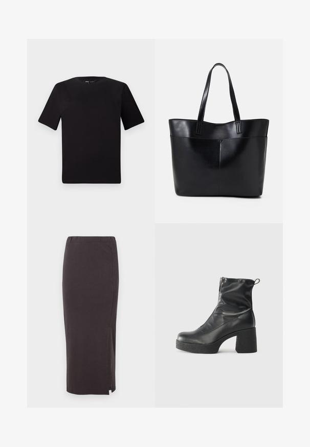 Svart kortärmad t-shirt med rund halsringning, tillverkad i mjukt bomullstyg. Enkelt mönster, utan synliga logotyper eller mönster.; Lång, mörkgrå stretchkjol med elastisk midja, med en sidoklipp för enkel rörelse och en slät, mjuk textur.; Svarta ankelstövlar i slitstark läder, med sidodragkedja, kraftig strukturerad klack och rundad tådesign.; Svart läder tote-väska med två långa handtag, en slät yta och en strukturerad form. Har en framficka för extra förvaring.