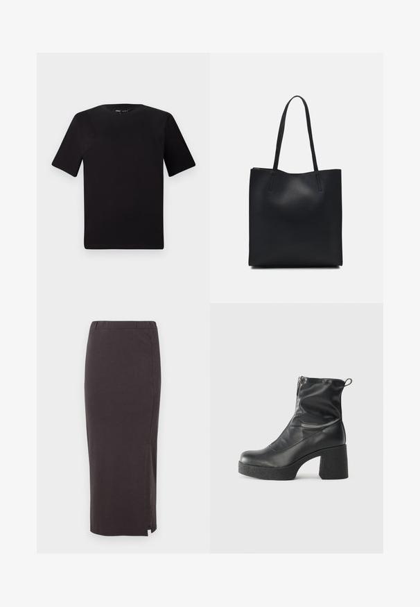 Tricou scurt negru cu mânecă scurtă și guler rotund, realizat dintr-un material de bumbac moale. Design simplu, fără logo-uri sau modele vizibile.; Fustă lungă, gri închis, confecționată dintr-un material elastic, cu o slită laterală pentru ușurința mișcării și o textură netedă, moale.; Bocanci negri de glezna din piele netedă, cu fermoar lateral, toc texturat și masiv, și design cu vârf rotund.; Geantă tote neagră din piele, cu textură netedă, formă rectangulară și două mânere lungi. Fără hardware vizibil sau ornamente.