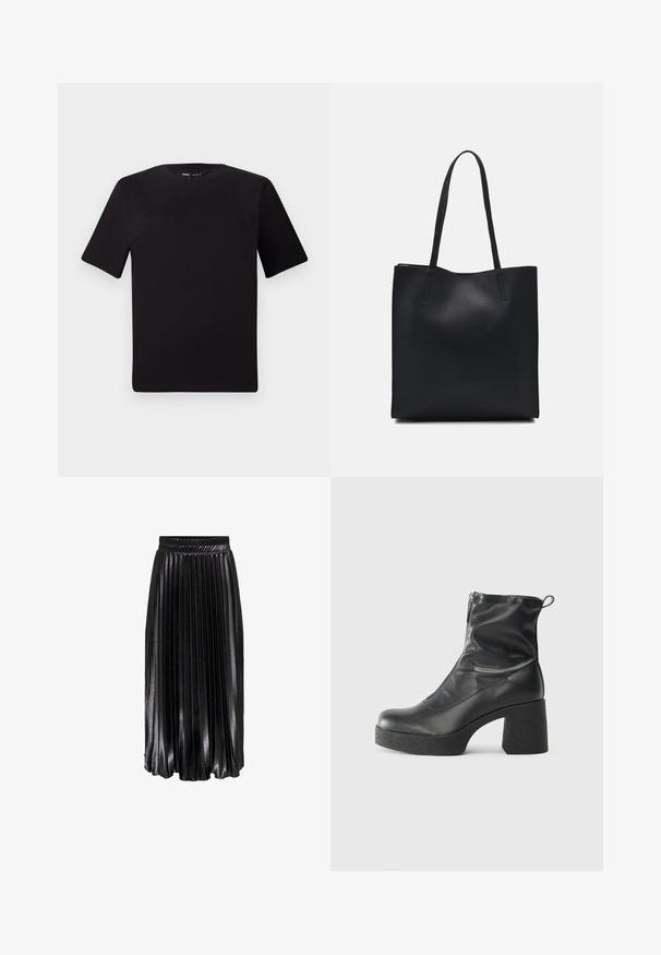 Czarna koszulka z krótkim rękawem o okrągłym dekolcie, wykonana z miękkiej bawełny. Prosty design, bez widocznych logo ani wzorów.; Czarna plisowana spódnica midi o błyszczącej powierzchni, z elastycznym pasem i wyraźnymi pionowymi fałdami, zapewniająca teksturowany i zwiewny wygląd.; Czarne botki za kostkę wykonane z gładkiej skóry, wyposażone w boczny zamek błyskawiczny, masywny teksturowany obcas oraz zaokrąglony czubek.; Czarna skórzana torba tote o gładkiej fakturze, prostokątnym kształcie i dwóch długich uchwytach. Brak widocznych elementów metalowych i ozdób.