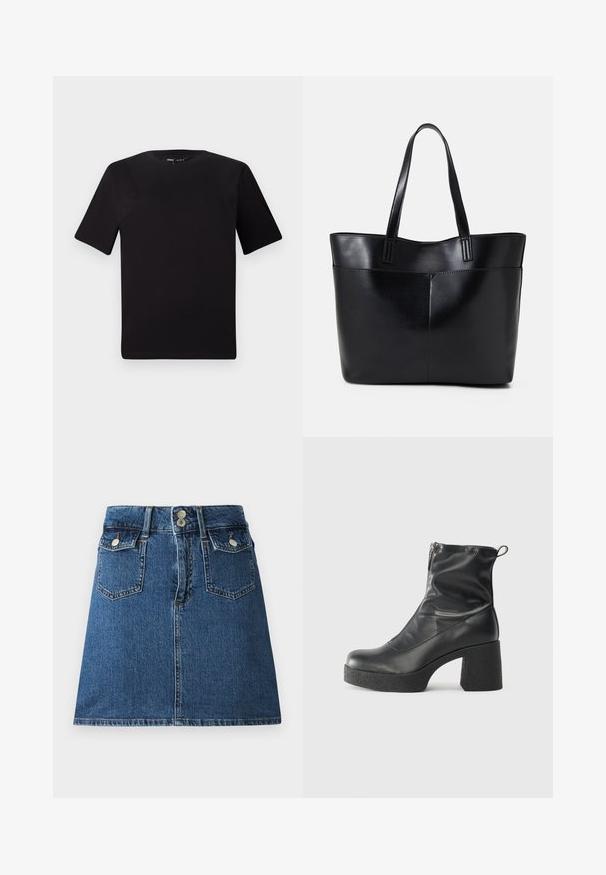 Svart kortärmad t-shirt med rund halsringning, tillverkad i mjukt bomullstyg. Enkelt mönster, utan synliga logotyper eller mönster.; Jeanskjol i djupblått, med en figursydd midjeband, två framfickor, två bakfickor och silverfärgade knäppningar.; Svarta ankelstövlar i slitstark läder, med sidodragkedja, kraftig strukturerad klack och rundad tådesign.; Svart läder tote-väska med två långa handtag, en slät yta och en strukturerad form. Har en framficka för extra förvaring.