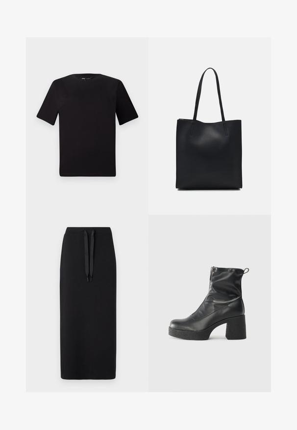 Juodas trumpas rankovės marškinėlis su apvaliu iškirpimu, pagamintas iš minkštos medvilnės medžiagos. Paprastas dizainas, be matomų logotipų ar raštų.; Juoda midi sijonas, pagamintas iš švelnios medžiagos, su raišteliu juosmenyje. Paprastas dizainas su tiesia siluetu ir be papildomų raštų.; Juodos kulkšninių botai, pagaminti iš lygaus odos, su šoniniu užtrauktuku, masyviu tekstūruotu kulnu ir apvaliu pirštu.; Juodas odinis tote krepšys su lygia tekstūra, stačiakampio formos ir dviem ilgais rankenomis. Matomų metalinių detalių ar puošybos nėra.