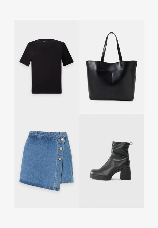 Schwarzes T-Shirt mit kurzen Ärmeln und Rundhalsausschnitt, aus weichem Baumwollmaterial gefertigt. Schlichtes Design, keine sichtbaren Logos oder Muster.; Denim Wickelrock in Hellblau. Mit hohem Taillenbund, schrägem Saum und drei metallischen Druckknöpfen an der Seite. Angenehme Textur mit dezenter Naht.; Schwarze Stiefeletten aus glattem Leder mit seitlichem Reißverschluss, klobigem strukturiertem Absatz und runder Zehenform.; Schwarze Leder-Shopper-Tasche mit zwei langen Griffen, einer glatten Textur und einer strukturierten Form. Verfügt über eine Vordertasche für zusätzlichen Stauraum.
