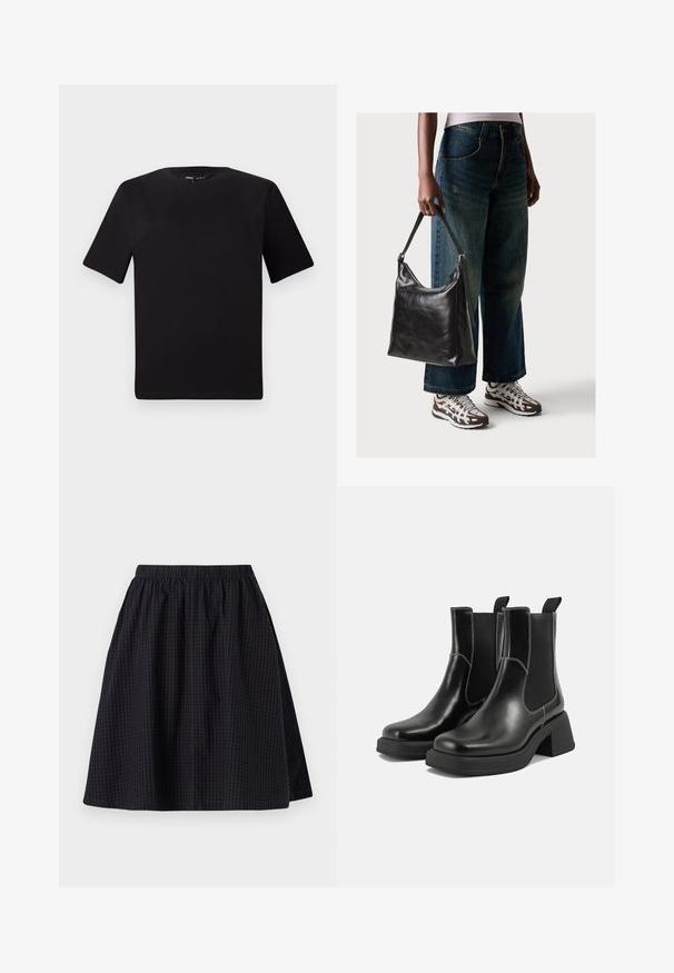 Black short-sleeve t-shirt with a round neckline, crafted from soft cotton fabric. Simple design, no visible logos or patterns.; Black knee-length skirt with an elastic waistband, featuring a subtle grid pattern and a smooth texture. It has a flowy design.; Black leather Chelsea boots with a chunky heel, elastic side panels, and contrasting white stitching. Textured finish.; Black leather shoulder bag with a smooth texture and adjustable strap, paired with faded wide-leg jeans and athletic sneakers.