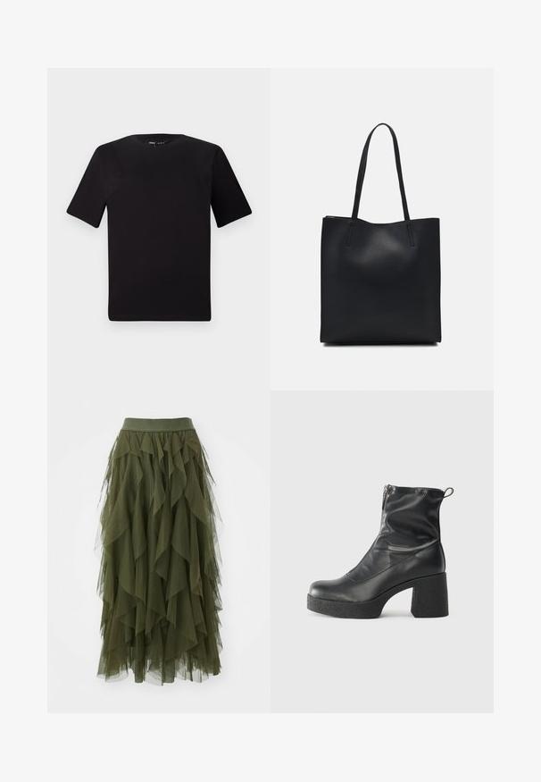 Melnas īsām piedurknēm T-krekls ar apaļu kakla izgriezumu, izgatavots no mīksta kokvilnas auduma. Vienkāršs dizains, bez redzamām logo vai rakstiem.; ONLY ONLSKY SKIRT - A-silueta svārki - winter moss; Melni potītes zābaki, kas izgatavoti no gludas ādas, ar sānu rāvējslēdzēju, masīvu strukturētu papēdi un noapaļotu purngalu.; Melnas ādas somiņa ar gludu tekstūru, taisnstūra formu un divām garām rokturiem. Nav redzamu aparatūras vai rotājumu.