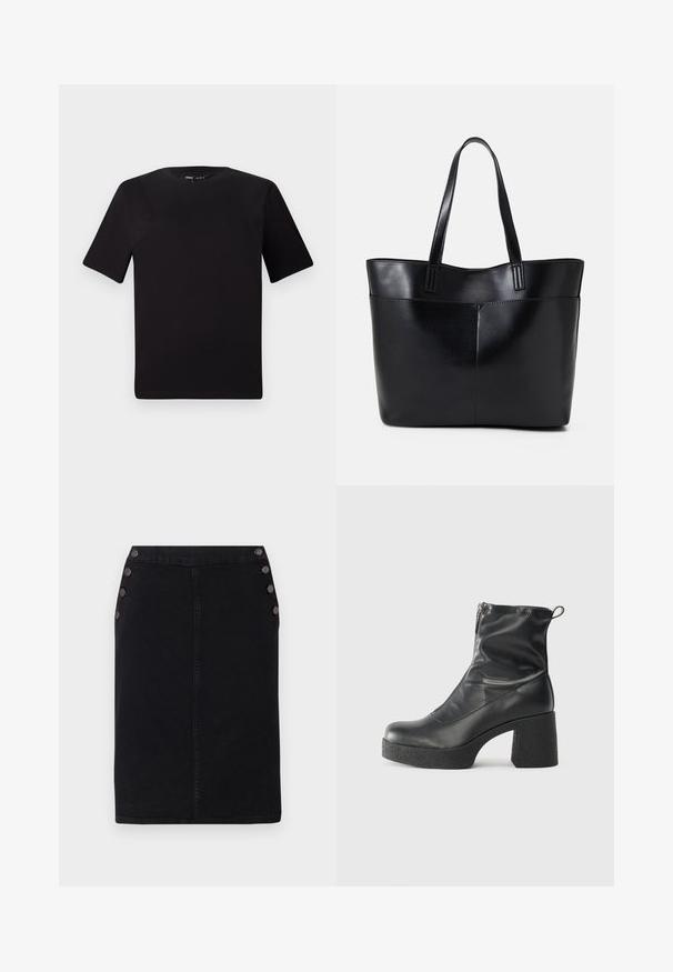 Schwarzes T-Shirt mit kurzen Ärmeln und Rundhalsausschnitt, aus weichem Baumwollmaterial gefertigt. Schlichtes Design, keine sichtbaren Logos oder Muster.; Schwarzer Jeans-Bleistiftrock mit gerader Silhouette, ausgestattet mit großen dekorativen Knöpfen auf der linken Seite und einer vorderen Nahtdetail.; Schwarze Stiefeletten aus glattem Leder mit seitlichem Reißverschluss, klobigem strukturiertem Absatz und runder Zehenform.; Schwarze Leder-Shopper-Tasche mit zwei langen Griffen, einer glatten Textur und einer strukturierten Form. Verfügt über eine Vordertasche für zusätzlichen Stauraum.