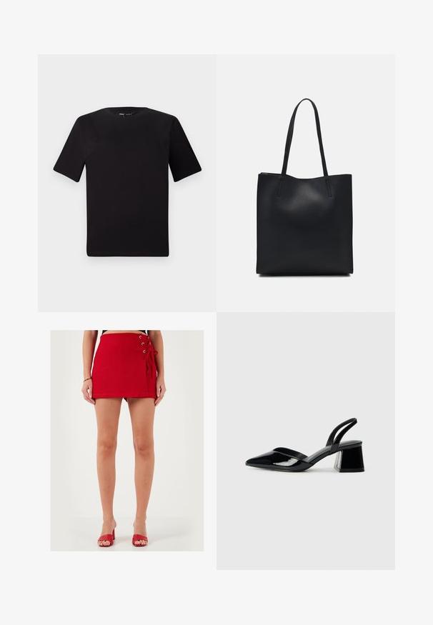 T-shirt noir à manches courtes avec un col rond, fabriqué en coton doux. Design simple, sans logos ni motifs visibles.; Mini jupe rouge en tissu doux, avec des détails de laçage sur le côté avec des œillets en métal. Coupe droite et texture lisse, portée avec des sandales à talons rouges.; Escarpins en cuir verni noir avec bout pointu et talon bloc géométrique. Présente un design élégant et minimaliste ainsi qu'une texture lisse.; Sac fourre-tout en cuir noir avec une texture lisse, de forme rectangulaire et deux longues poignées. Pas de matériel ou d'ornementations visibles.