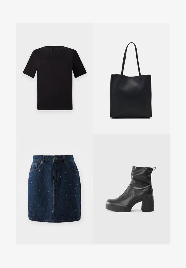 Fekete, rövid ujjú póló, kerek nyakkal, puha pamutból készült. Egyszerű dizájn, nincs látható logó vagy minta.; A farmer szoknya sötétkék színű, ezüst szegecsekkel díszítve, melyek egyenletesen oszlanak el az anyagon. Gombos záródás és klasszikus zsebek jellemzik.; Fekete bokacsizmák sima bőrből, oldalsó cipzárral, vastag, texturált sarkú és lekerekített orrú dizájnnal.; Fekete bőrtáska sima felszínnel, téglalap alakú, két hosszú füllel. Nincs látható fémkiegészítő vagy díszítés.