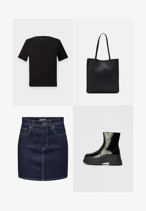 Musta lyhythihainen t-paita pyöreällä kaula-aukolla, valmistettu pehmeästä puuvillakankaasta. Yksinkertainen malli, ei näkyviä logoja tai kuvioita.; Tummansininen farkkuhame, jossa on kontrastiväriset tikkaukset, viisi vyölenkkia, kaksi etutaskua ja hopeanvärinen nappikiinnitys.; Musta kiiltävä nilkkuri paksulla karkealla pohjalla ja pyöristetyllä kärjellä, sivukuva vaaleanharmaalla yksinkertaisella taustalla.; Mustapahkainen kangaskassi, jossa on sileä pinta, suorakaiteen muotoinen ja kaksi pitkää kahvaa. Ei näkyvää metalliosaa tai koristeita.