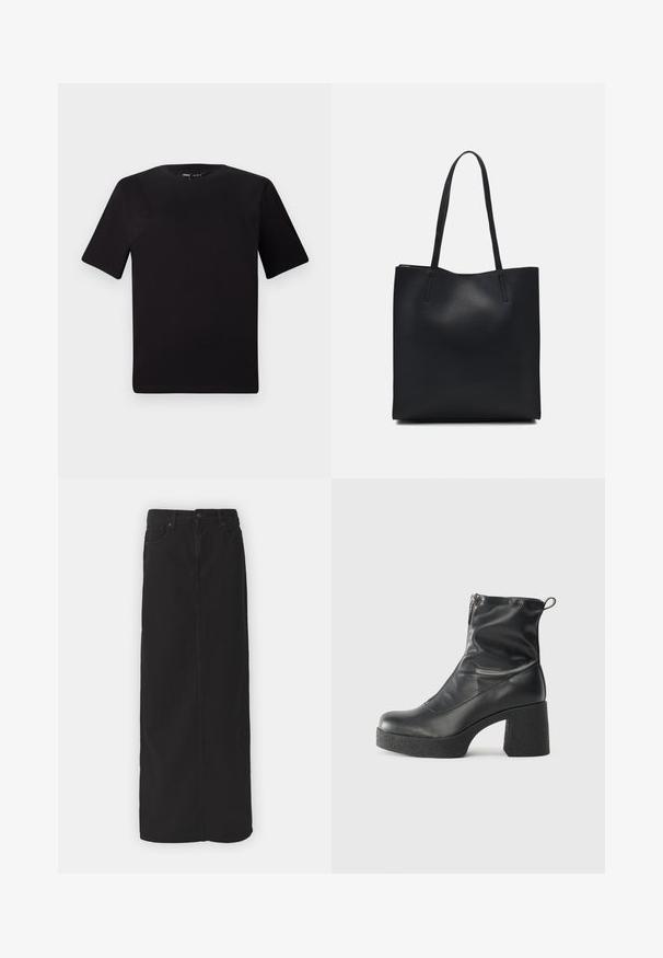 Melnas īsām piedurknēm T-krekls ar apaļu kakla izgriezumu, izgatavots no mīksta kokvilnas auduma. Vienkāršs dizains, bez redzamām logo vai rakstiem.; Melnas džinsa maksi svārki ar taisnu griezumu, priekšējiem kabatām, jostas cilpām un vienu pogu jostasvietā. Gluda auduma tekstūra.; Melni potītes zābaki, kas izgatavoti no gludas ādas, ar sānu rāvējslēdzēju, masīvu strukturētu papēdi un noapaļotu purngalu.; Melnas ādas somiņa ar gludu tekstūru, taisnstūra formu un divām garām rokturiem. Nav redzamu aparatūras vai rotājumu.