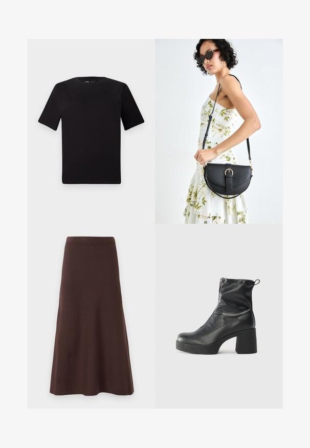 Juodas trumpas rankovės marškinėlis su apvaliu iškirpimu, pagamintas iš minkštos medvilnės medžiagos. Paprastas dizainas, be matomų logotipų ar raštų.; Ruda A formos sijonas, pagamintas iš lygaus audinio, su priglundantčia juosmena ir išplatintu apvadu, be matomų raštų ar papuošimų.; Juodos kulkšninių botai, pagaminti iš lygaus odos, su šoniniu užtrauktuku, masyviu tekstūruotu kulnu ir apvaliu pirštu.; Juodas odinis krepšys su išlenkta forma, nuimamu dirželiu ir auksiniais detalėmis. Krepšys turi kilpą su sagtimi.