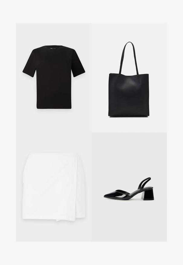Čierne tričko s krátkym rukávom a okrúhlym výstrihom, vyrobené z mäkkej bavlny. Jednoduchý dizajn, bez viditeľných log alebo vzorov.; Biela sukňa so rovný strihom, zavinovacím dizajnom a čistými okrajmi. Vyrobená z ľahkej tkaniny s hladkou textúrou a bez viditeľných vzorov.; Čierne lakované kožené sandálové podpätky s špicatou špičkou a geometrickým blokovým podpätkom. Disponujú elegantným, minimalistickým dizajnom a hladkým povrchom.; Čierna kožená taška na rameno s hladkým povrchom, obdĺžnikovým tvarom a dvoma dlhými uchami. Bez viditeľného kovania alebo ozdôb.