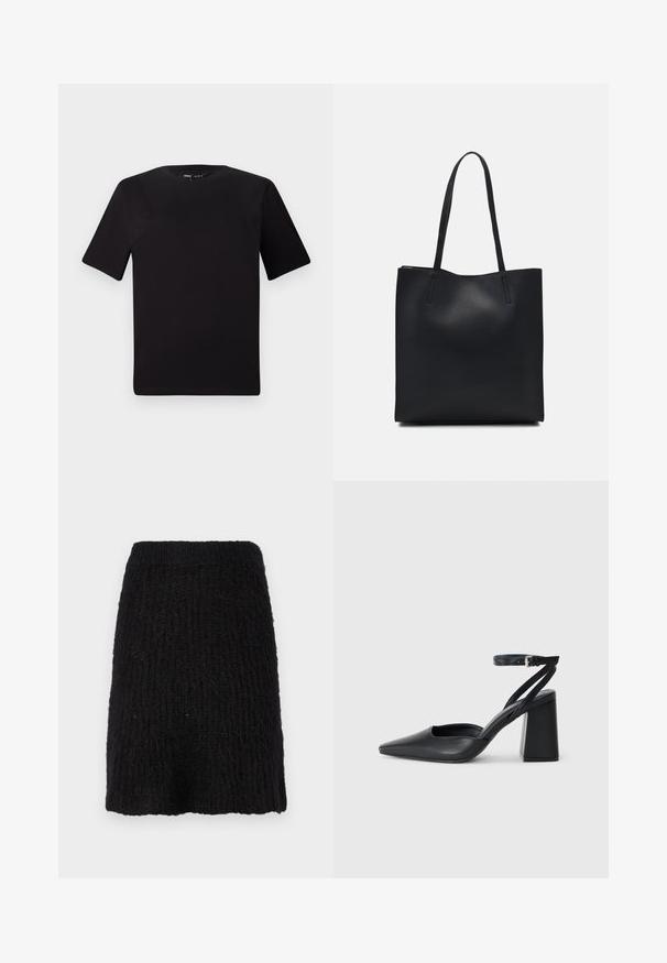 Črna majica s kratkimi rokavi in okroglim izrezom, izdelana iz mehkega bombažnega materiala. Preprost dizajn, brez vidnih logotipov ali vzorcev.; Črna pletena krilo s teksturiranim vzorcem, srednje dolge in široke pasu. Material je videti mehak z rahlo puhasto površino.; Črne usnjene klasične čevlje z ostrim nosom, z zaponko za gleženj in debelim peto. Ravna tekstura, eleganten dizajn in minimalistična estetika.; Črna usnjena torba s svilnato teksturo, pravokotne oblike in dvema dolgima ročajema. Brez vidnih metalnih delov ali okrasnih elementov.