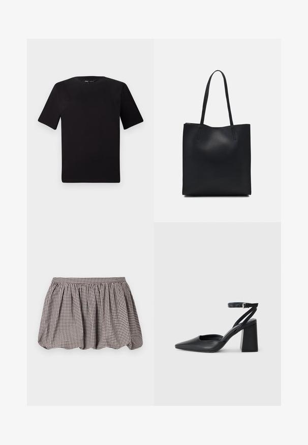 Camiseta negra de manga corta con cuello redondo, fabricada en suave algodón. Diseño simple, sin logos ni patrones visibles.; Falda en línea A a cuadros marrón y blanco con cintura fruncida, hecha de un tejido ligero, que presenta un sutil patrón texturizado.; Zapato de tacón puntiagudo de cuero negro con tira en el tobillo y tacón ancho. Textura plana, diseño elegante y estética minimalista.; Bolso tote de cuero negro con textura lisa, forma rectangular y dos asas largas. Sin herrajes ni adornos visibles.