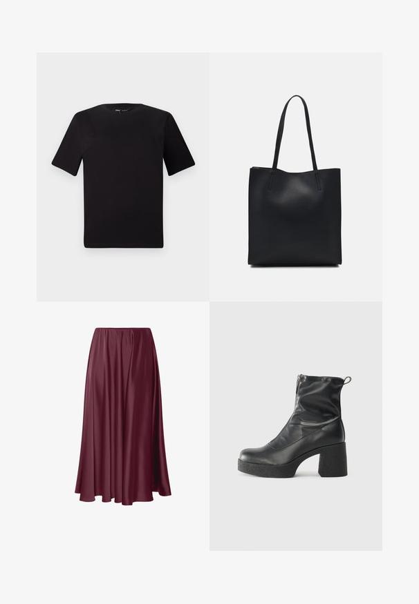 Melnas īsām piedurknēm T-krekls ar apaļu kakla izgriezumu, izgatavots no mīksta kokvilnas auduma. Vienkāršs dizains, bez redzamām logo vai rakstiem.; Burgundijas krāsa grīdas garuma svārki, izgatavoti no gludas, spīdīgas auduma ar plūstošu dizainu un elastīgu jostu. Nav klātbūtnē nevienu rakstu vai akcentu.; Melni potītes zābaki, kas izgatavoti no gludas ādas, ar sānu rāvējslēdzēju, masīvu strukturētu papēdi un noapaļotu purngalu.; Melnas ādas somiņa ar gludu tekstūru, taisnstūra formu un divām garām rokturiem. Nav redzamu aparatūras vai rotājumu.