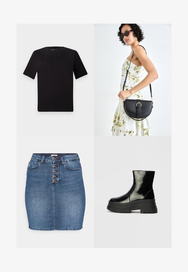Tricou scurt negru cu mânecă scurtă și guler rotund, realizat dintr-un material de bumbac moale. Design simplu, fără logo-uri sau modele vizibile.; Fustă din denim de culoare albastru mediu cu o siluetă ajustată. Are un sistem de închidere frontal cu cinci nasturi, două buzunare frontale și tiv cusut.; Botine negre, lucioase, până la gleznă, cu talpă groasă și vârf rotund, vedere laterală pe un fundal gri deschis, simplu.; Geantă din piele neagră, cu o formă curbată, curea detașabilă și accesorii aurii. Geanta are un capac cu un detaliu tip cataramă.