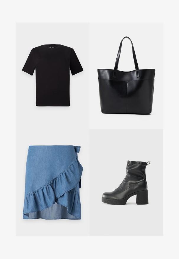 Svart kortärmad t-shirt med rund halsringning, tillverkad i mjukt bomullstyg. Enkelt mönster, utan synliga logotyper eller mönster.; Denimwrapkjol i ljusblått, med en volangkant och knytning vid midjan. Slät textur och en flödande silhuett.; Svarta ankelstövlar i slitstark läder, med sidodragkedja, kraftig strukturerad klack och rundad tådesign.; Svart läder tote-väska med två långa handtag, en slät yta och en strukturerad form. Har en framficka för extra förvaring.