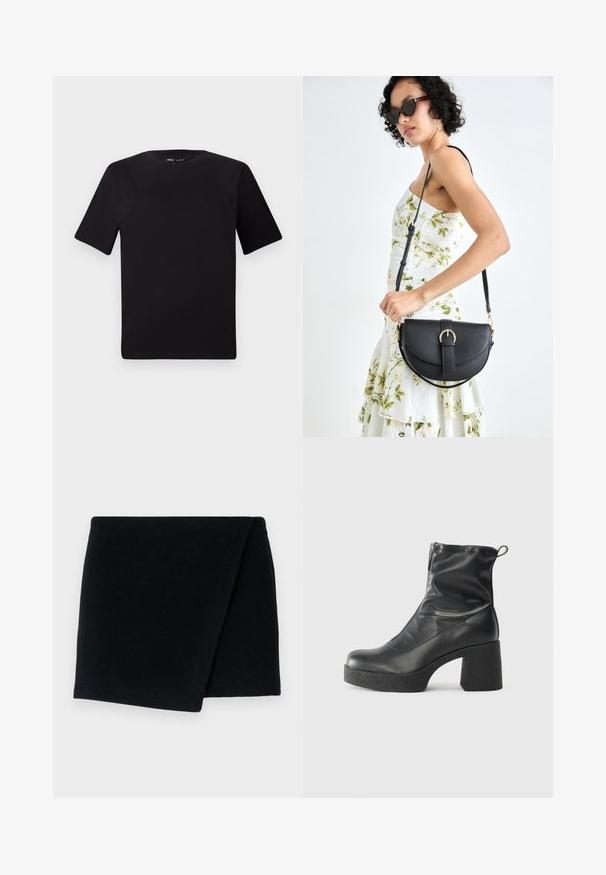 Čierne tričko s krátkym rukávom a okrúhlym výstrihom, vyrobené z mäkkej bavlny. Jednoduchý dizajn, bez viditeľných log alebo vzorov.; Čierny vlnený šál, obdĺžnikový tvar, jemná textúra, poskladaný s čistými okrajmi, minimalistický dizajn, vhodný na teplo a vrstvenie.; Čierne členkové topánky z hladkej kože, so bočným zipsom, robustnou textúrovanou pätnou časťou a zaobleným dizajnom špičky.; Čierna kožená kabelka s zaobleným tvarom, odnímateľným popruhom a zlatými doplnkami. Kabelka má klopu s detailom s prackou.