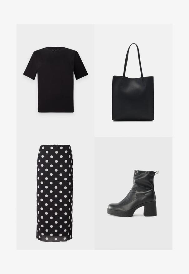 Fekete, rövid ujjú póló, kerek nyakkal, puha pamutból készült. Egyszerű dizájn, nincs látható logó vagy minta.; Fekete pöttyös midi szoknya könnyű anyagból, fehér körszerű mintákkal, formázott derekú és diszkrét hullámos széllel.; Fekete bokacsizmák sima bőrből, oldalsó cipzárral, vastag, texturált sarkú és lekerekített orrú dizájnnal.; Fekete bőrtáska sima felszínnel, téglalap alakú, két hosszú füllel. Nincs látható fémkiegészítő vagy díszítés.
