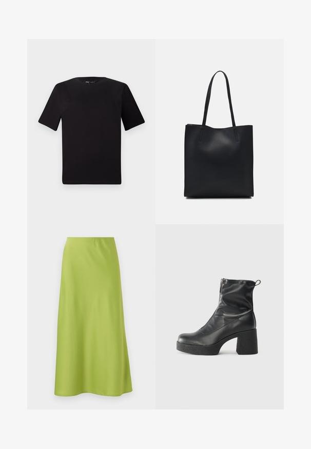 Black short-sleeve t-shirt with a round neckline, crafted from soft cotton fabric. Simple design, no visible logos or patterns.; Mid-length skirt in smooth, vibrant lime green fabric. Features a simple, tailored design with an elastic waistband and flowing silhouette.; Black ankle boots made of smooth leather, featuring a side zipper, chunky textured heel, and rounded toe design.; Black leather tote bag with smooth texture, rectangular shape, and two long handles. No visible hardware or embellishments.
