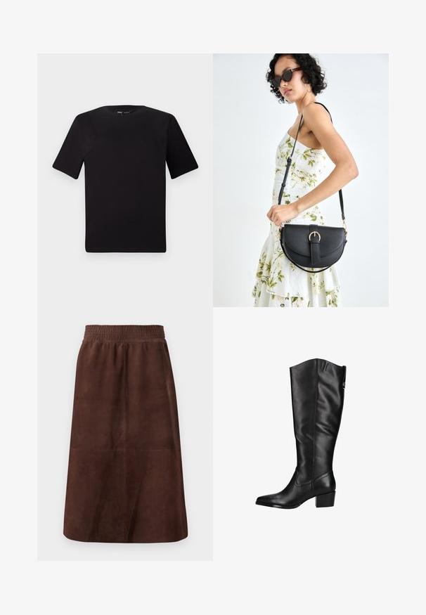 T-shirt nera a maniche corte con scollatura rotonda, realizzata in morbido cotone. Design semplice, senza loghi o motivi visibili.; Gonna in suede marrone con cintura elastica, forma a campana, texture liscia e senza motivi o accessori visibili.; Stivali alti neri in pelle, con punta a punta e tacco alto a blocco. Texture liscia, cuciture minime e un sottile dettaglio del logo sul lato.; Borsa a tracolla nera in pelle con una forma curva, manico rimovibile e accessori dorati. La borsa presenta una patta con un dettaglio a fibbia.