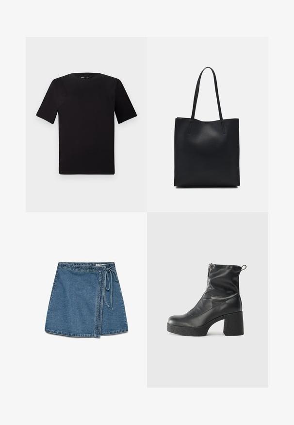 Črna majica s kratkimi rokavi in okroglim izrezom, izdelana iz mehkega bombažnega materiala. Preprost dizajn, brez vidnih logotipov ali vzorcev.; Denim ovitek v svetlo modri barvi s trakom okoli pasu, ki se ponaša s pravim krojem in gladko teksturo. Brez vidnih vzorcev ali okrasnih elementov.; Črne gležnjarje iz gladke kože z božnim zadrgo, masivnim teksturiranim peto in zaobljeno obliko prstov.; Črna usnjena torba s svilnato teksturo, pravokotne oblike in dvema dolgima ročajema. Brez vidnih metalnih delov ali okrasnih elementov.