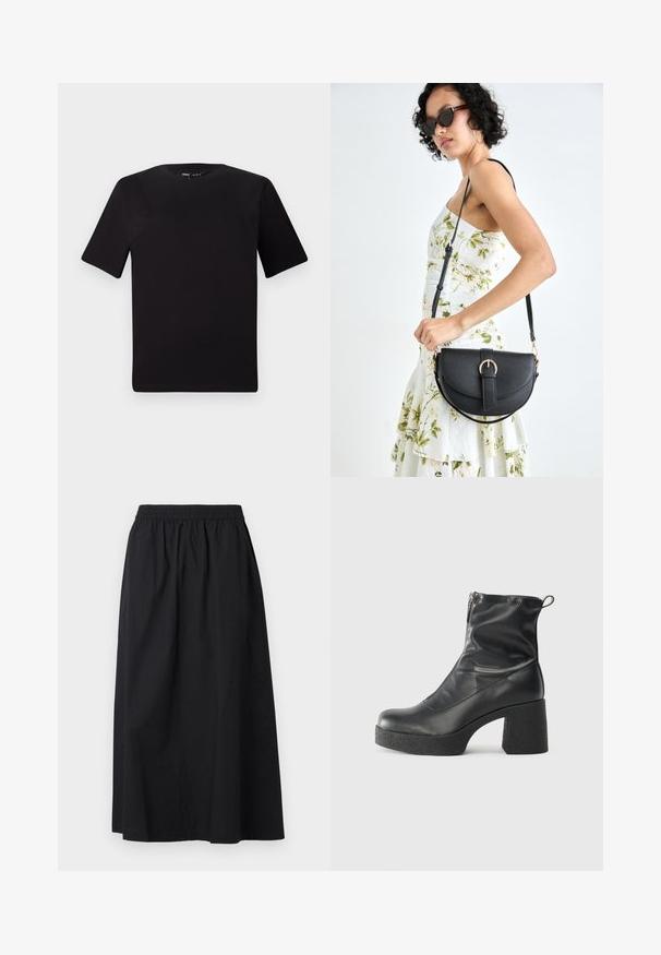T-shirt preta de mangas curtas com decote redondo, feita de tecido de algodão suave. Design simples, sem logótipos ou padrões visíveis.; Saia maxi preta feita de material leve com um cós elástico e uma textura suave. Apresenta um design simples e limpo, sem adornos.; Botas de tornozelo pretas feitas de couro liso, com fecho lateral, salto grosso texturizado e design de bico arredondado.; Bolsa de couro preta com forma curva, alça destacável e detalhes em dourado. A bolsa possui uma aba com detalhe de fivela.