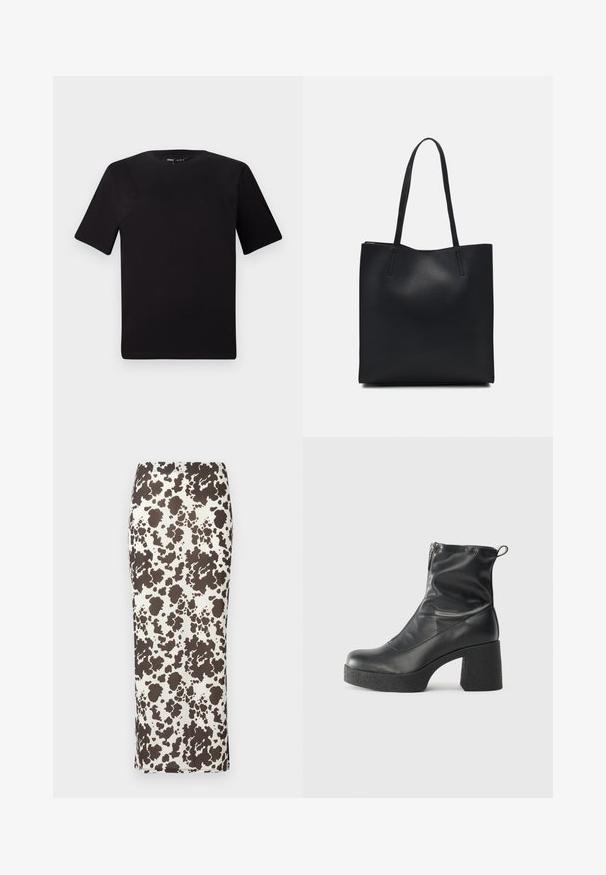 Černé tričko s krátkým rukávem a kulatým výstřihem, vyrobené z měkké bavlněné látky. Jednoduchý design, žádné viditelné logo nebo vzory.; Hnědá a bílá maxi sukně s vzorem, hladkou texturou, přiléhavým střihem a bočním rozparkem. Elastický pas pro pohodlí.; Černé kotníkové boty vyrobené z hladké kůže, s bočním zipem, robustním strukturovaným podpatkem a kulatou špičkou.; Černá kožená taška přes rameno s hladkým povrchem, obdélníkovým tvarem a dvěma dlouhými uchy. Žádné viditelné kování ani ozdoby.