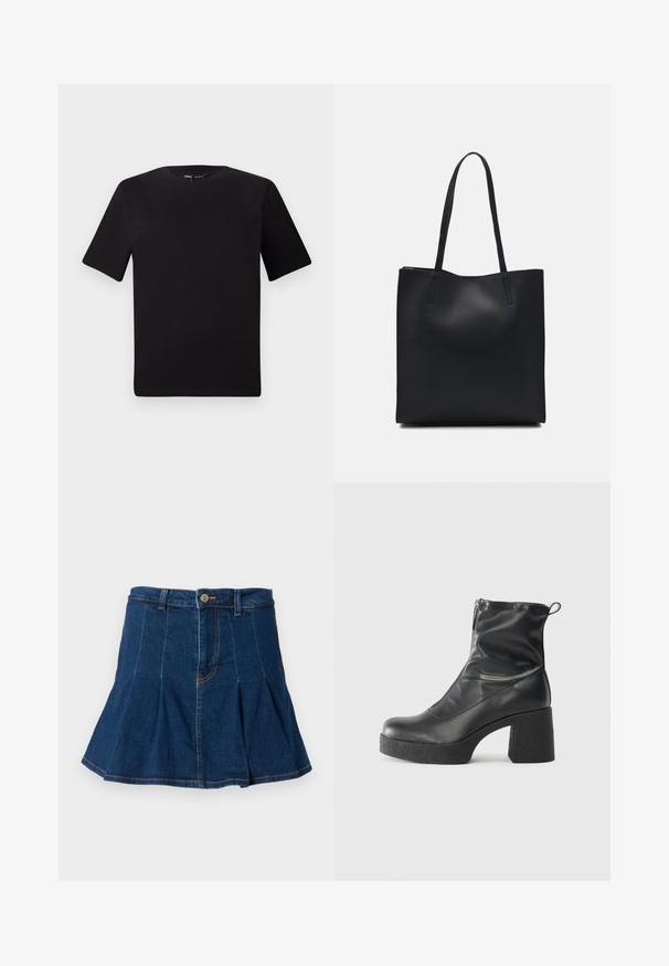 Čierne tričko s krátkym rukávom a okrúhlym výstrihom, vyrobené z mäkkej bavlny. Jednoduchý dizajn, bez viditeľných log alebo vzorov.; Džínová sukňa v tmavomodrej farbe, s plisovaným dizajnom, piatimi vreckami, predným zapínaním na gombík a kontrastnými švami.; Čierne členkové topánky z hladkej kože, so bočným zipsom, robustnou textúrovanou pätnou časťou a zaobleným dizajnom špičky.; Čierna kožená taška na rameno s hladkým povrchom, obdĺžnikovým tvarom a dvoma dlhými uchami. Bez viditeľného kovania alebo ozdôb.