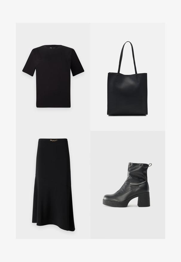 Tricou scurt negru cu mânecă scurtă și guler rotund, realizat dintr-un material de bumbac moale. Design simplu, fără logo-uri sau modele vizibile.; Fustă midi neagră cu formă A, confecționată dintr-un material neted, având un accent decorativ din lanț auriu la talie.; Bocanci negri de glezna din piele netedă, cu fermoar lateral, toc texturat și masiv, și design cu vârf rotund.; Geantă tote neagră din piele, cu textură netedă, formă rectangulară și două mânere lungi. Fără hardware vizibil sau ornamente.