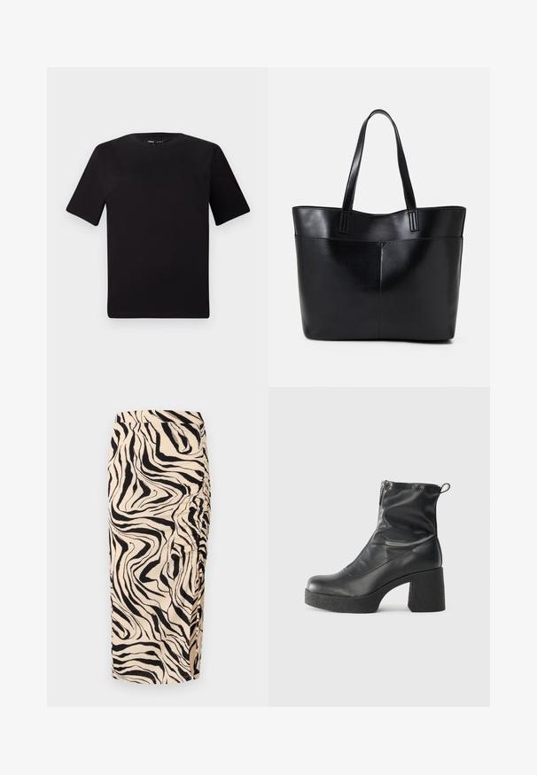 Black short-sleeve t-shirt with a round neckline, crafted from soft cotton fabric. Simple design, no visible logos or patterns.; Knee-length beige skirt with a black zebra pattern. Features gathered side detailing and a textured fabric.; Black ankle boots made of smooth leather, featuring a side zipper, chunky textured heel, and rounded toe design.; Black leather tote bag with two long handles, a smooth texture, and a structured shape. Features a front pocket for additional storage.