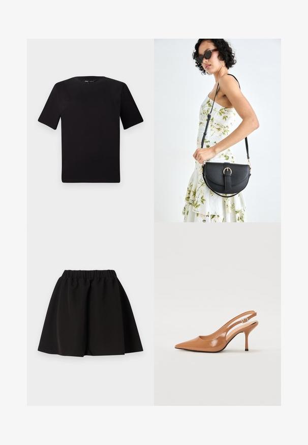 Černé tričko s krátkým rukávem a kulatým výstřihem, vyrobené z měkké bavlněné látky. Jednoduchý design, žádné viditelné logo nebo vzory.; Černá rozšířená sukně vyrobená z měkké, pružné tkaniny s elastickým pasem. Spodní okraj sukně sahá nad střední stehna a poskytuje pohodlný pohyb.; Sandy poprsko s úzkým podpatkem v hladkém, lesklém odstínu tan. Obsahuje zakřivený design s výřezem a štíhlý jehlový podpatek. Detail se stříbrnou sponou.; Černá kožená kabelka s křivkovým tvarem, odnímatelným popruhem a zlatými detaily. Kabelka má klopu s přezkou.