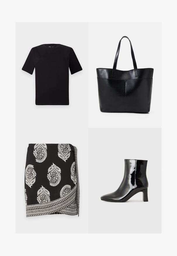 Juodas trumpas rankovės marškinėlis su apvaliu iškirpimu, pagamintas iš minkštos medvilnės medžiagos. Paprastas dizainas, be matomų logotipų ar raštų.; Juoda apvyniojimo sijonas su baltais paisley raštais ir detaliai sukurtu kraštu. Pagamintas iš lengvos medžiagos su lygia tekstūra.; Juodos lakuotos odinės aulinukės su smailiu pirštu ir vidutinio aukščio blokuotu kulnu. Lygus paviršius ir minimalistinis dizainas.; Juoda odinė rankinė su dviem ilgais diržais, lygiu paviršiumi ir struktūrizuota forma. Yra priekinė kišenė papildomam saugojimui.