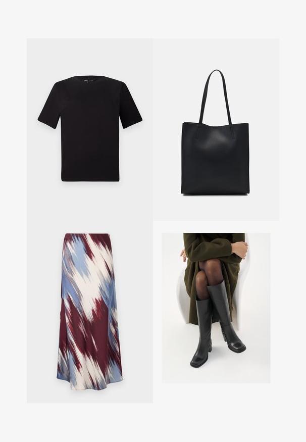 T-shirt nera a maniche corte con scollatura rotonda, realizzata in morbido cotone. Design semplice, senza loghi o motivi visibili.; Gonna lunga in tessuto morbido con motivo diagonale nei colori bordeaux, blu, grigio e crema. Design fluido con orlo che arriva alle caviglie.; Stivali neri in pelle alti fino al ginocchio con punta squadrata e tacco a blocco, mostrati con un modello seduto in un cappotto verde oliva. Texture liscia, dettagli minimi.; Borsa tote in pelle nera con texture liscia, forma rettangolare e due manici lunghi. Nessun hardware o decorazione visibile.