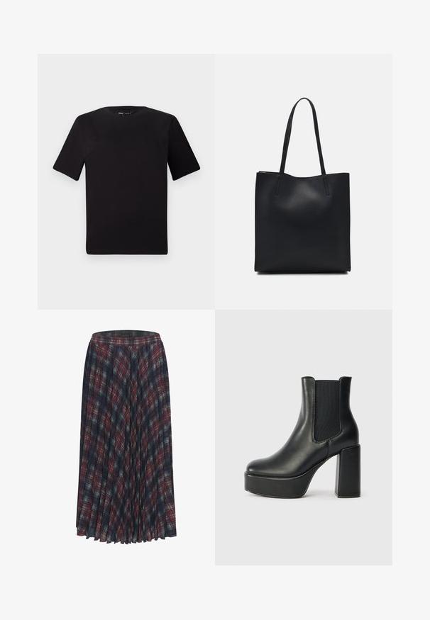 Zwarte T-shirt met korte mouwen en een ronde hals, gemaakt van zachte katoenstof. Eenvoudig ontwerp, geen zichtbare logo's of patronen.; Plissé rok in een donker marineblauw en bordeauxrood ruitpatroon. Kenmerkt zich door een elastische tailleband, lichtgewicht stof en gestructureerde afwerking.; Zwarte leren enkelboot met een chunky blokhak, elastische zijpanelen en een zachte textuur. Bevat een platformzool voor extra hoogte.; Zwarte leren handtas met een gladde textuur, rechthoekige vorm en twee lange handvaten. Geen zichtbare hardware of versieringen.