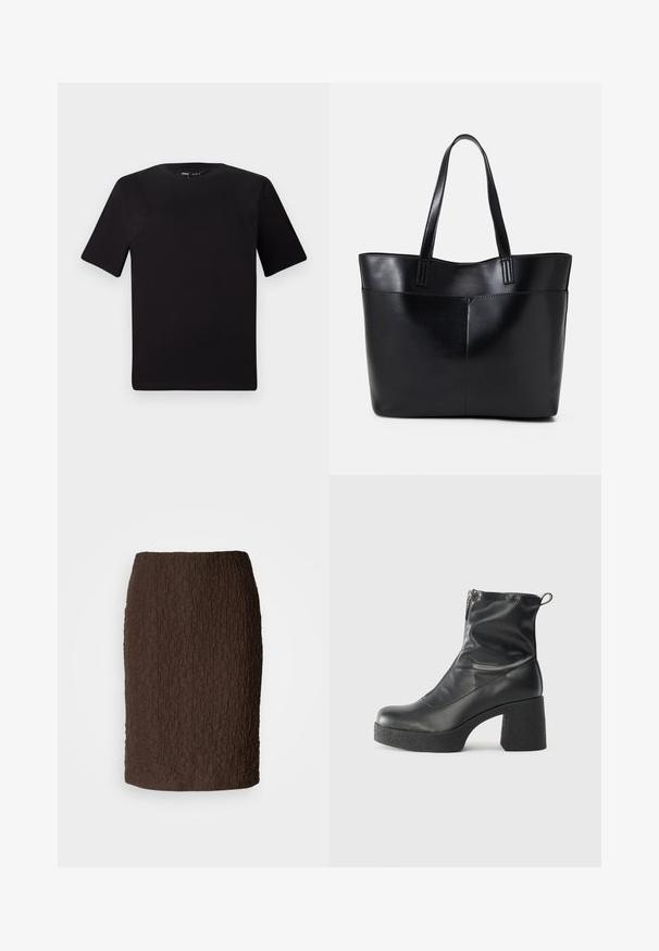 Czarna koszulka z krótkim rękawem o okrągłym dekolcie, wykonana z miękkiej bawełny. Prosty design, bez widocznych logo ani wzorów.; Brąskowa spódnica do kolan, wykonana z fakturowanej tkaniny o pomarszczonej powierzchni. Charakteryzuje się dopasowanym krojem i brakiem widocznych zapięć czy akcentów.; Czarne botki za kostkę wykonane z gładkiej skóry, wyposażone w boczny zamek błyskawiczny, masywny teksturowany obcas oraz zaokrąglony czubek.; Czarna skórzana torba na ramię z dwoma długimi uchwytami, gładką teksturą i sztywną formą. Posiada przednią kieszeń dla dodatkowego przechowywania.