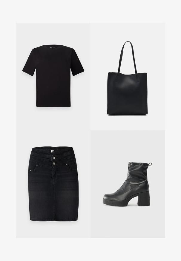 Fekete, rövid ujjú póló, kerek nyakkal, puha pamutból készült. Egyszerű dizájn, nincs látható logó vagy minta.; Fekete farmer szoknya, testhezálló szabással, derékon két gombbal, és elülső zsebekkel, oldalán finom logó részlettel.; Fekete bokacsizmák sima bőrből, oldalsó cipzárral, vastag, texturált sarkú és lekerekített orrú dizájnnal.; Fekete bőrtáska sima felszínnel, téglalap alakú, két hosszú füllel. Nincs látható fémkiegészítő vagy díszítés.