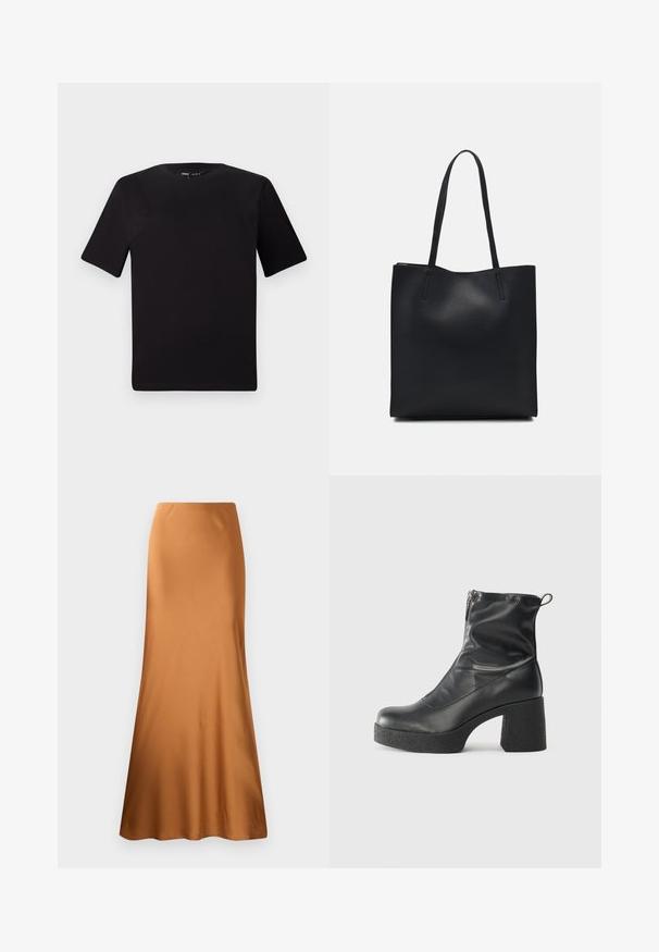 Must olema lühikeste varrukatega must t-särk ümmarguse kaelusega, valmistatud pehmest puuvillast kangast. Lihtne disain, ilma nähtavate logode või mustriteta.; Pruun satiinist maxi-seelik, millel on hugi vöökoht ja laienev allosa. Sile tekstuur, ühtlane värv, ilma mustrite või nähtava riistvarata.; Mustad mustad ansapüksid, mis on valmistatud siledast nahast, külje zipperiga, paksu tekstuuriga kontsaga ja ümmarguse nina disainiga.; Mustast nahast kott sujuva tekstuuriga, ristkülikukujuline ja kahe pika sangaga. Pole nähtavat riistvara ega kaunistusi.