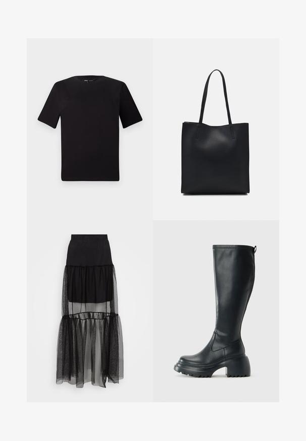 Black short-sleeve t-shirt with a round neckline, crafted from soft cotton fabric. Simple design, no visible logos or patterns.; Black layered skirt featuring a sheer, textured lower section, an elastic waistband, and a flowing design. Composed of lightweight materials.; Tall black leather boot with chunky platform sole and block heel, featuring pull tab and textured tread on outsole.; Black leather tote bag with smooth texture, rectangular shape, and two long handles. No visible hardware or embellishments.