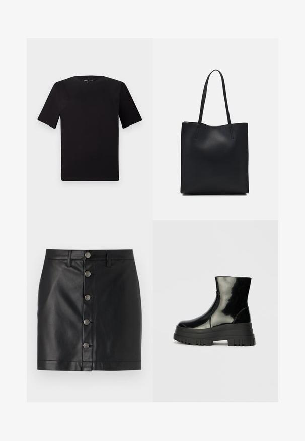 Czarna koszulka z krótkim rękawem o okrągłym dekolcie, wykonana z miękkiej bawełny. Prosty design, bez widocznych logo ani wzorów.; Czarna skórzana spódnica o dopasowanym fasonie, z pięcioma srebrnymi metalowymi guzikami z przodu i prostym wykończeniem. Gładka tekstura.; Czarne błyszczące botki sięgające kostki z grubą podeszwą i zaokrąglonym czubkiem, widok z boku na jednolity jasnoszary tle.; Czarna skórzana torba tote o gładkiej fakturze, prostokątnym kształcie i dwóch długich uchwytach. Brak widocznych elementów metalowych i ozdób.