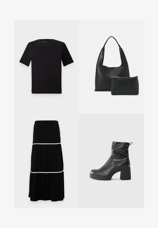 Melnas īsām piedurknēm T-krekls ar apaļu kakla izgriezumu, izgatavots no mīksta kokvilnas auduma. Vienkāršs dizains, bez redzamām logo vai rakstiem.; Melnā, daudzslāņu maxi svārku izgatavota no mīkstas auduma; ar elastīgu jostasvītru un baltu viļņotu apdari starp slāņiem, lai pievienotu pluss detaļu.; Melni potītes zābaki, kas izgatavoti no gludas ādas, ar sānu rāvējslēdzēju, masīvu strukturētu papēdi un noapaļotu purngalu.; Even&Odd Rokassoma - black