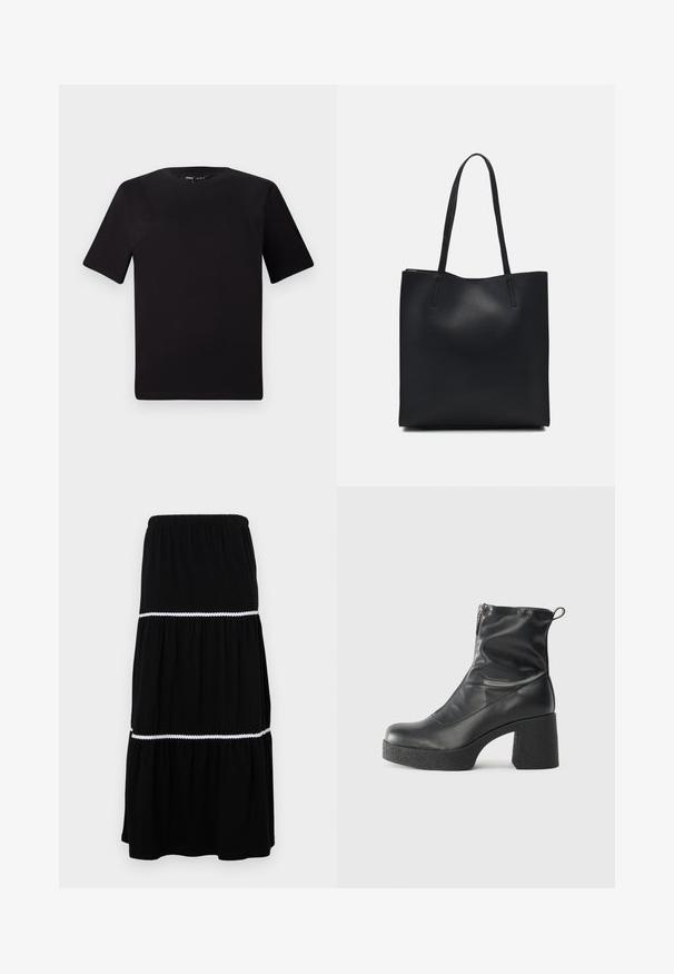 Melnas īsām piedurknēm T-krekls ar apaļu kakla izgriezumu, izgatavots no mīksta kokvilnas auduma. Vienkāršs dizains, bez redzamām logo vai rakstiem.; Melnā, daudzslāņu maxi svārku izgatavota no mīkstas auduma; ar elastīgu jostasvītru un baltu viļņotu apdari starp slāņiem, lai pievienotu pluss detaļu.; Melni potītes zābaki, kas izgatavoti no gludas ādas, ar sānu rāvējslēdzēju, masīvu strukturētu papēdi un noapaļotu purngalu.; Melnas ādas somiņa ar gludu tekstūru, taisnstūra formu un divām garām rokturiem. Nav redzamu aparatūras vai rotājumu.