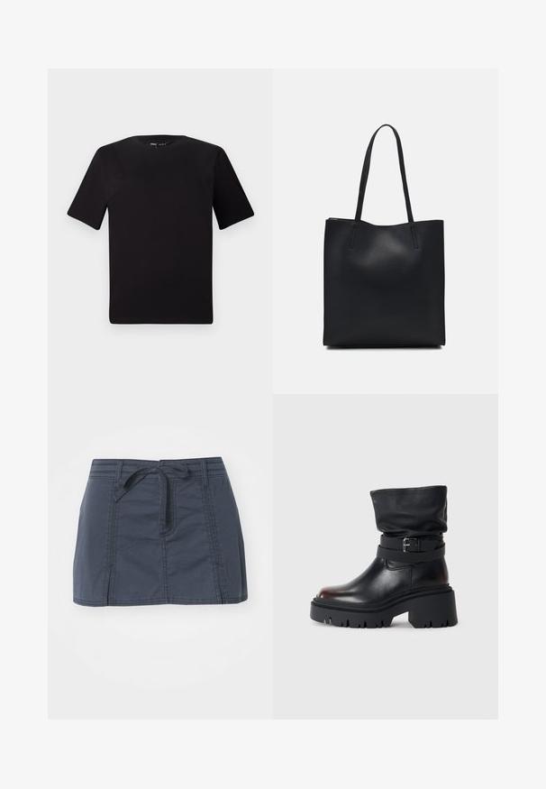 Svart kortärmad t-shirt med rund halsringning, tillverkad i mjukt bomullstyg. Enkelt mönster, utan synliga logotyper eller mönster.; Marinblå denimminikjol med knytmidja, featuring sömdetaljer och sidofickor. Tyget har en slät yta.; Svart läderankelskatt med en slapp ovansida, spänne och tjock, robust sula. Har en rund tå och en slät textur.; Svart lädertoffelväska med slät textur, rektangulär form och två långa handtag. Ingen synlig hårdvara eller dekorationer.