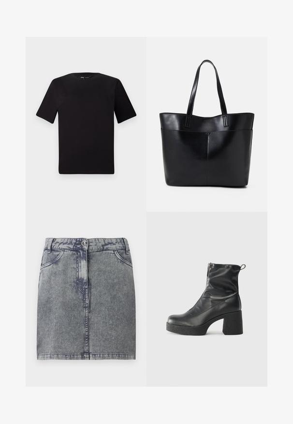 Black short-sleeve t-shirt with a round neckline, crafted from soft cotton fabric. Simple design, no visible logos or patterns.; Denim mini skirt in gray with a faded wash, featuring front pockets, a button closure, and a straight cut hem. Textured fabric.; Black ankle boots made of smooth leather, featuring a side zipper, chunky textured heel, and rounded toe design.; Black leather tote bag with two long handles, a smooth texture, and a structured shape. Features a front pocket for additional storage.