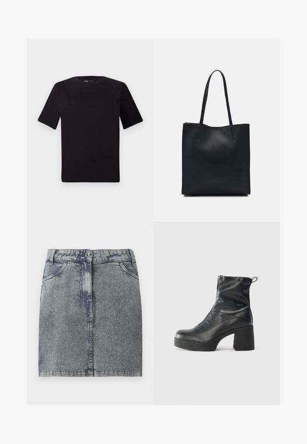 Sort kortærmet t-shirt med rund halsudskæring, lavet af blødt bomuldsstof. Enkel design, ingen synlige logoer eller mønstre.; Grå denim minisukne med en falmet vask, der har forlommer, en knaplukning og en lige kant. Struktureret stof.; Sorte ankelstøvler lavet af glat læder, med en sidelukning, kraftig struktureret hæl og rundt tådesign.; Sort læder tote taske med glat tekstur, rektangulær form og to lange hanke. Ingen synlig hardware eller udsmykninger.
