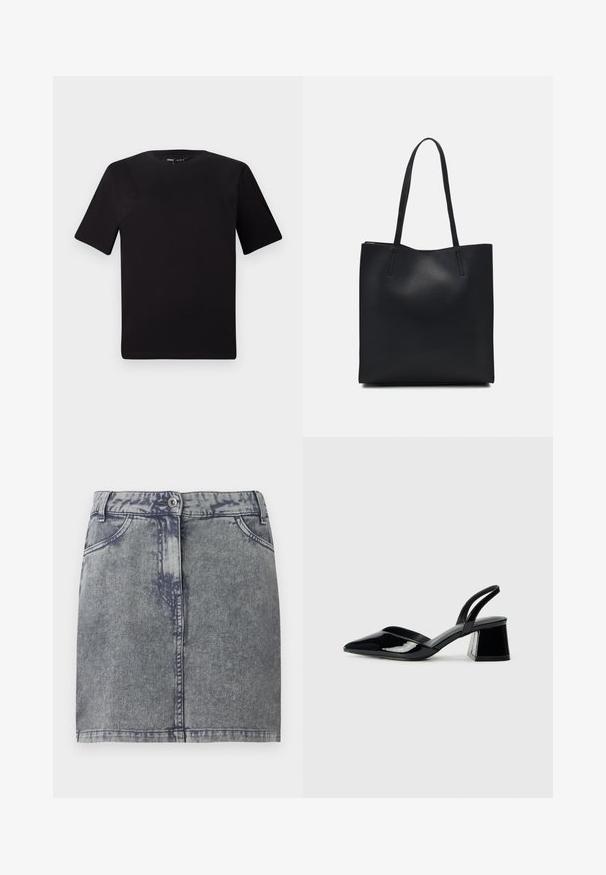 T-shirt noir à manches courtes avec un col rond, fabriqué en coton doux. Design simple, sans logos ni motifs visibles.; Jupe en denim grise à délavage fondu, avec poches avant, fermeture par bouton et ourlet droit. Tissu texturé.; Escarpins en cuir verni noir avec bout pointu et talon bloc géométrique. Présente un design élégant et minimaliste ainsi qu'une texture lisse.; Sac fourre-tout en cuir noir avec une texture lisse, de forme rectangulaire et deux longues poignées. Pas de matériel ou d'ornementations visibles.