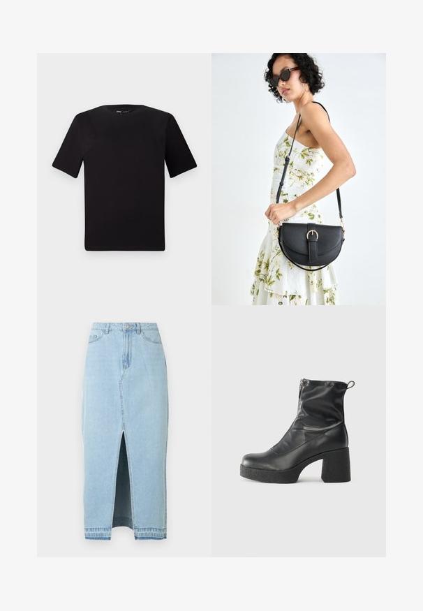 Black short-sleeve t-shirt with a round neckline, crafted from soft cotton fabric. Simple design, no visible logos or patterns.; Denim skirt in light blue with a front slit and a waistband. Features traditional five-pocket design and metal button closure.; Black ankle boots made of smooth leather, featuring a side zipper, chunky textured heel, and rounded toe design.; Black leather handbag with a curved shape, detachable strap, and gold hardware. The bag features a flap with a buckle detail.