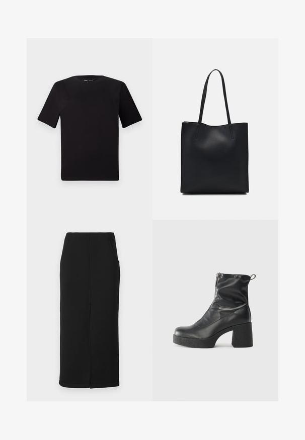 Sort kortærmet t-shirt med rund halsudskæring, lavet af blødt bomuldsstof. Enkel design, ingen synlige logoer eller mønstre.; Sort midi-nederdel lavet af blødt, strækbart stof med en lige silhuet, der har sidelommer og en midtersøm detalje.; Sorte ankelstøvler lavet af glat læder, med en sidelukning, kraftig struktureret hæl og rundt tådesign.; Sort læder tote taske med glat tekstur, rektangulær form og to lange hanke. Ingen synlig hardware eller udsmykninger.