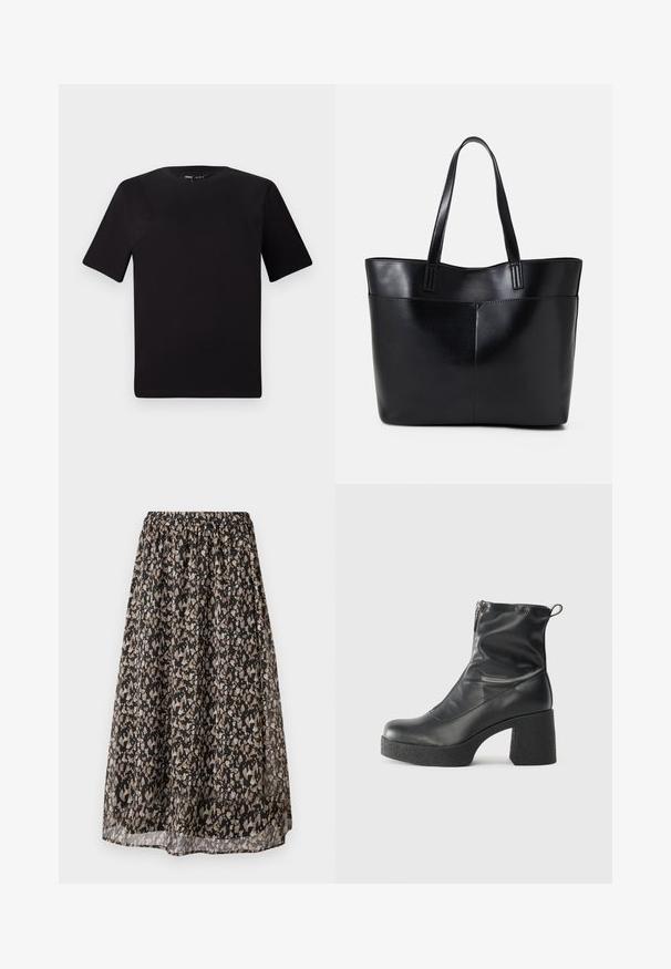 Crna majica kratkih rukava s okruglim izrezom, izrađena od mekane pamučne tkanine. Jednostavan dizajn, bez vidljivih logotipa ili uzoraka.; Crna midi suknja od lagane tkanine, s cvjetnim uzorkom u tan i krem nijansama. Elastična pojas za prilagodljivo odgovaranje.; Crne gležnjače od glatke kože, s bočnim zatvaračem, debelim teksturiranim potplatom i dizajnom s zaobljenim prstima.; Crna kožna torba s dugim ručkama, glatkom teksturom i strukturiranim oblikom. Ima prednju džep za dodatno pohranu.