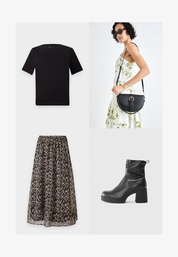 Sort kortærmet t-shirt med rund halsudskæring, lavet af blødt bomuldsstof. Enkel design, ingen synlige logoer eller mønstre.; Sorte midi-nederdel lavet af letvægtsstof med et blomstermønster i tan og creme. Elastisk talje for justerbar pasform.; Sorte ankelstøvler lavet af glat læder, med en sidelukning, kraftig struktureret hæl og rundt tådesign.; Sort læderhåndtaske med en buet form, aftagelig rem og guldfinish. Tasken har en klap med en spænde detalje.