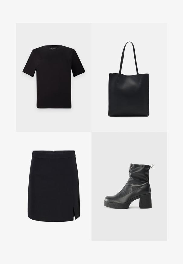 Melnas īsām piedurknēm T-krekls ar apaļu kakla izgriezumu, izgatavots no mīksta kokvilnas auduma. Vienkāršs dizains, bez redzamām logo vai rakstiem.; Melnā mini svārki, izgatavoti no gludas auduma ar pieguļošu jostasvietu, ar sānu šķirbi un slēgtu aizmugures rāvējslēdzēju.; Melni potītes zābaki, kas izgatavoti no gludas ādas, ar sānu rāvējslēdzēju, masīvu strukturētu papēdi un noapaļotu purngalu.; Melnas ādas somiņa ar gludu tekstūru, taisnstūra formu un divām garām rokturiem. Nav redzamu aparatūras vai rotājumu.